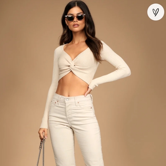 Lulu’s In a Twist Beige Knot-Front Cropped Sweater - Picture 2 of 4